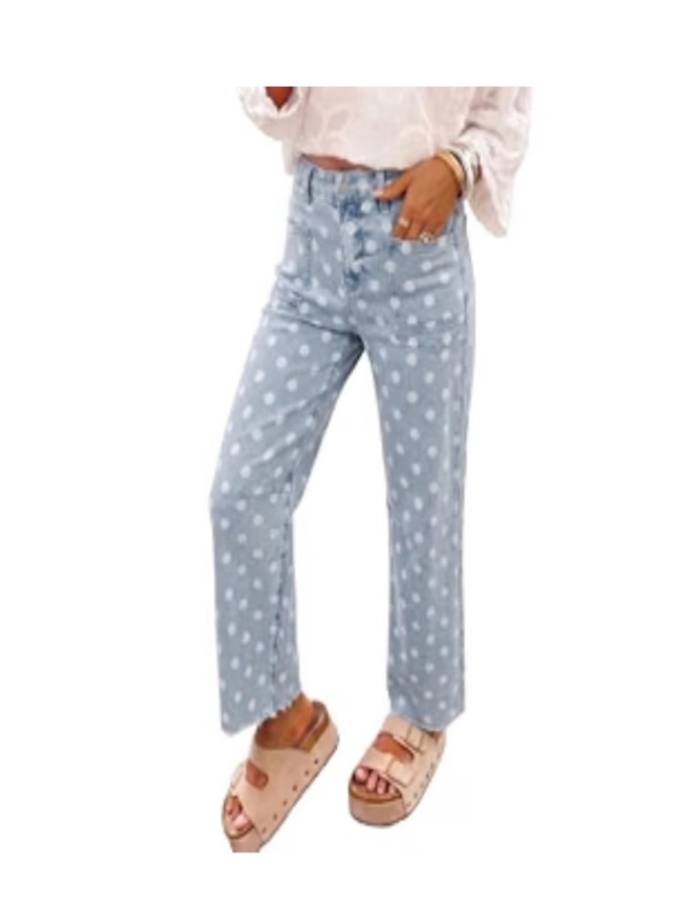 Polka Dot High-Rise Straight Jeans - Light Blue